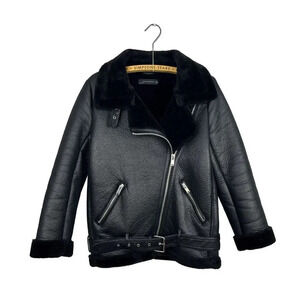 Zara Women's XS Black Faux Shearling Bomber Moto Jacket Biker Style Fall